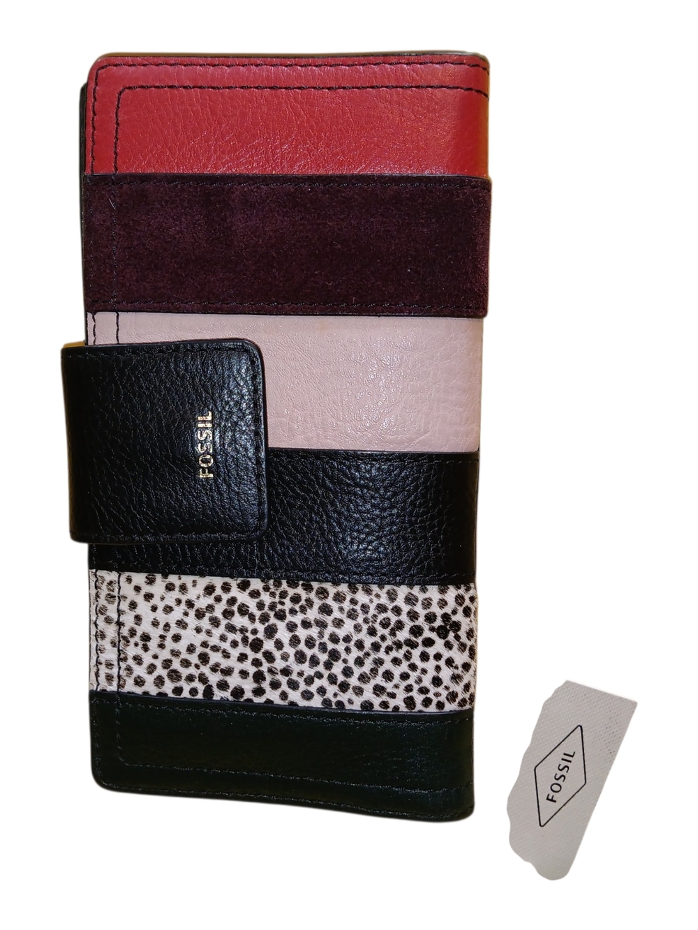 Fossil Striped Leather & Suede Women’s Wallet in Red, Pink, Black and Cream
